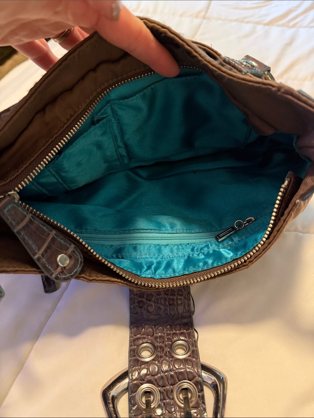 Brown Croc-Trim Guess Shoulder Bag - Picture 4 of 6